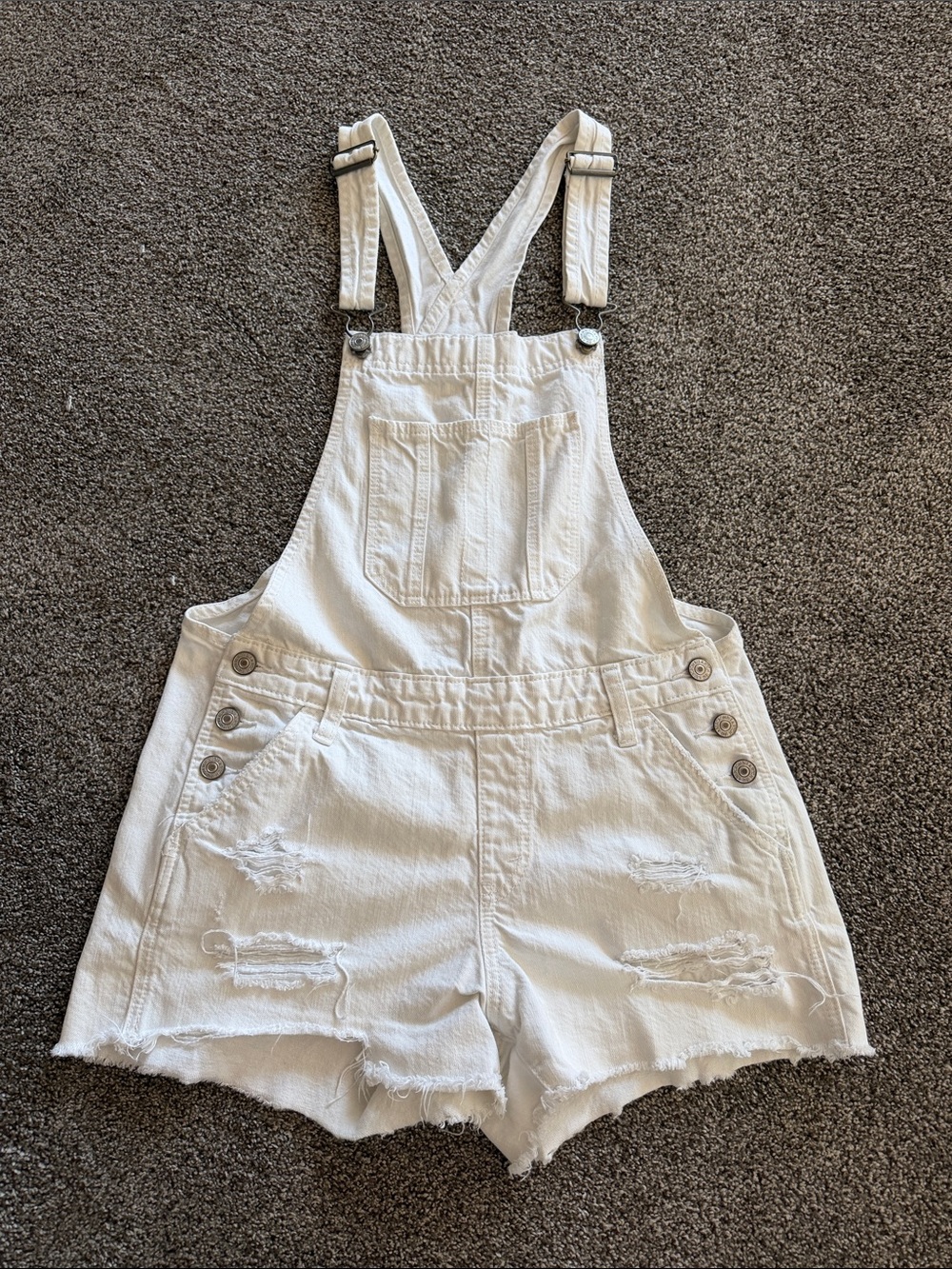 Abercrombie & Fitch White Distressed Denim Short Overalls